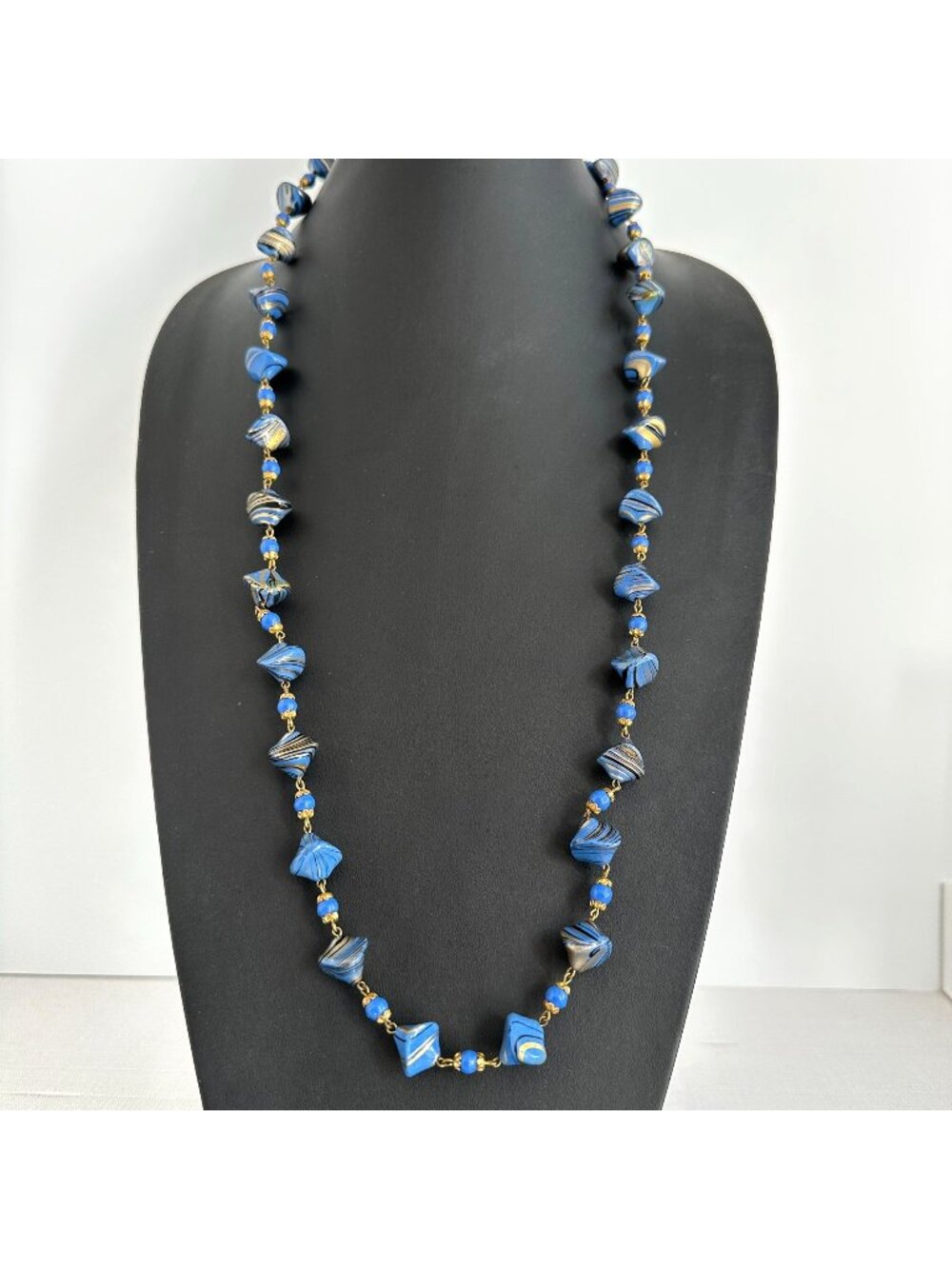 Venetian Murano Glass Necklace Blue Gold Swirl Beads 1950s 32 Inch